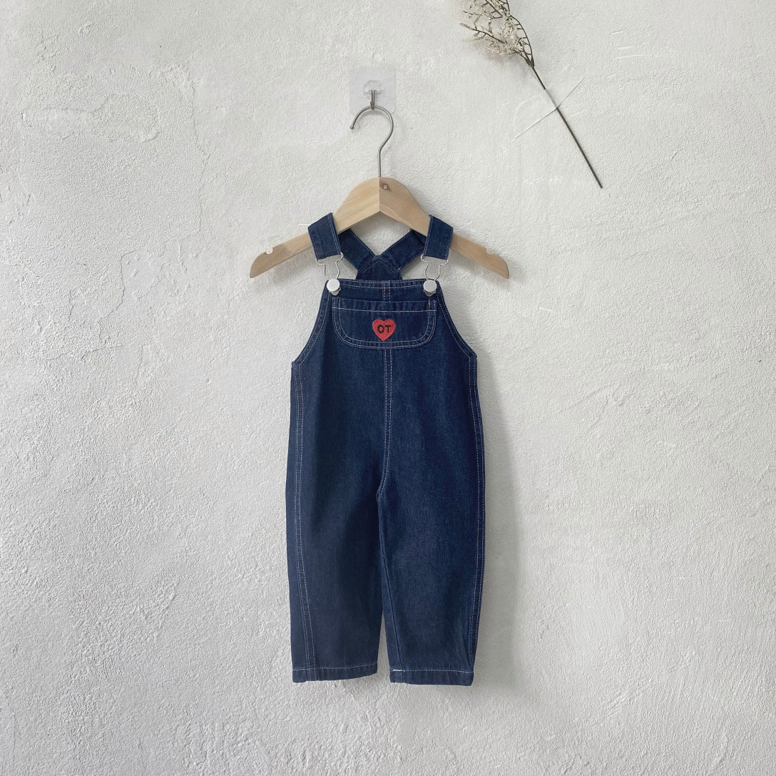 Casual Denim Overalls with Heart Pocket for Kids, Long Pants, Unisex Children's Jeans Trousers