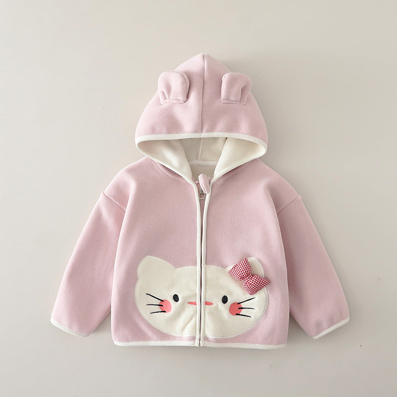 Girls Cat Print Fleece Lined Jacket Autumn Winter Warm Double Sided Fleece Top