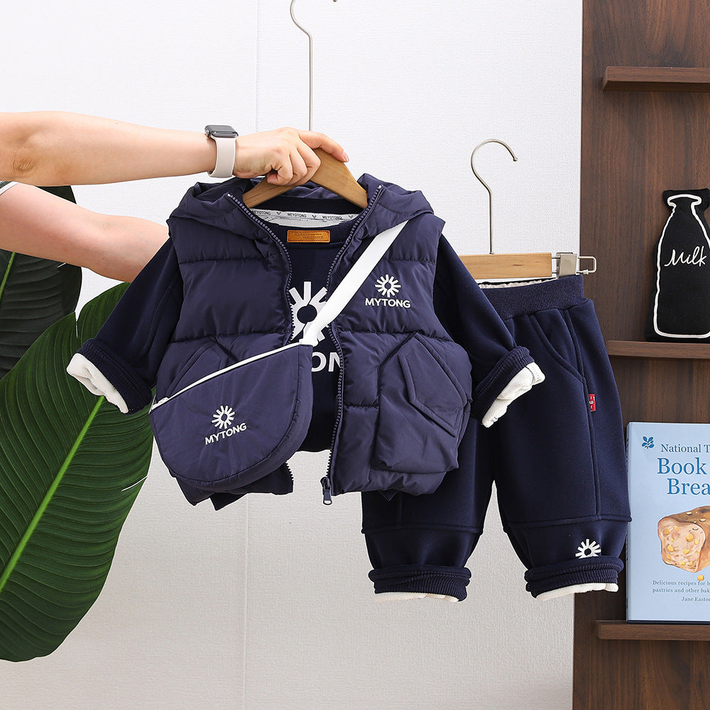Thickened winter clothing baby warm hooded vest three piece set
