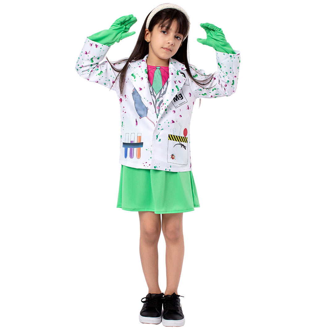 Halloween Scientists Costume Role Play Cosplay Outfit for Kids with Funny Print Stage Performance Wear