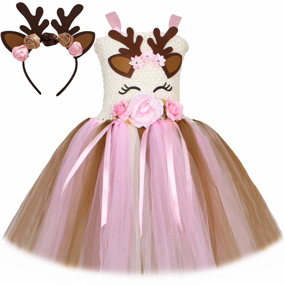 Halloween Christmas Deer Flower Dress Kids Costume Clothing Cartoon Deer Tutu Skirt Girl Tulle Princess Dress