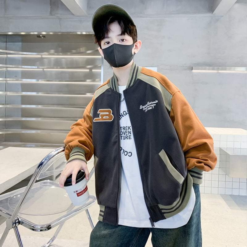 Boys Baseball Jacket Cotton Padded Warm Autumn Winter Outerwear Youth Long Sleeve Zip Front Coat