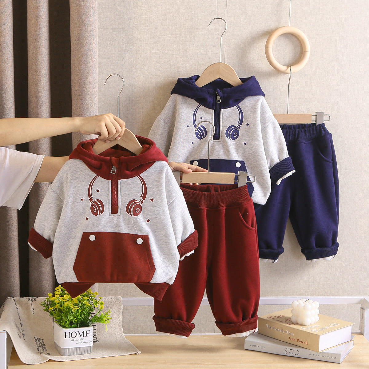 Boys Autumn Winter Fashionable Fleece Lined Sweatshirt Two-Piece Set