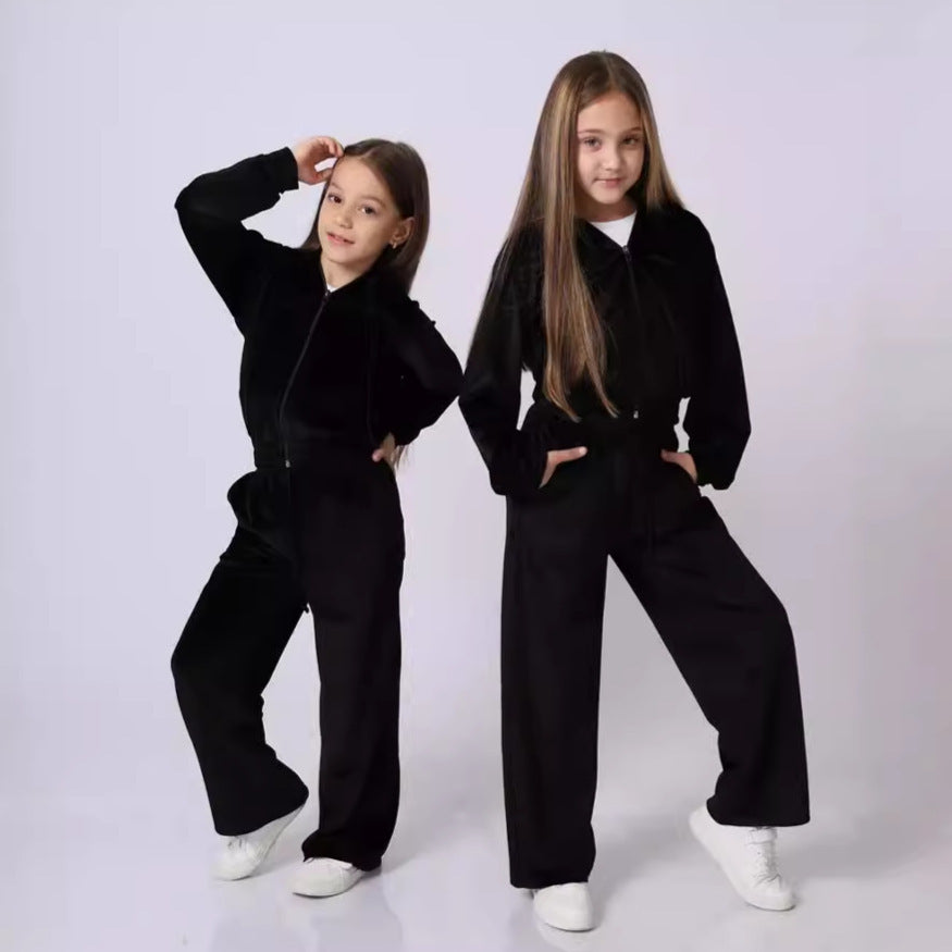 Autumn and Winter Girls' Sports Hat Velvet Set Casual Hoodie Two Piece Set