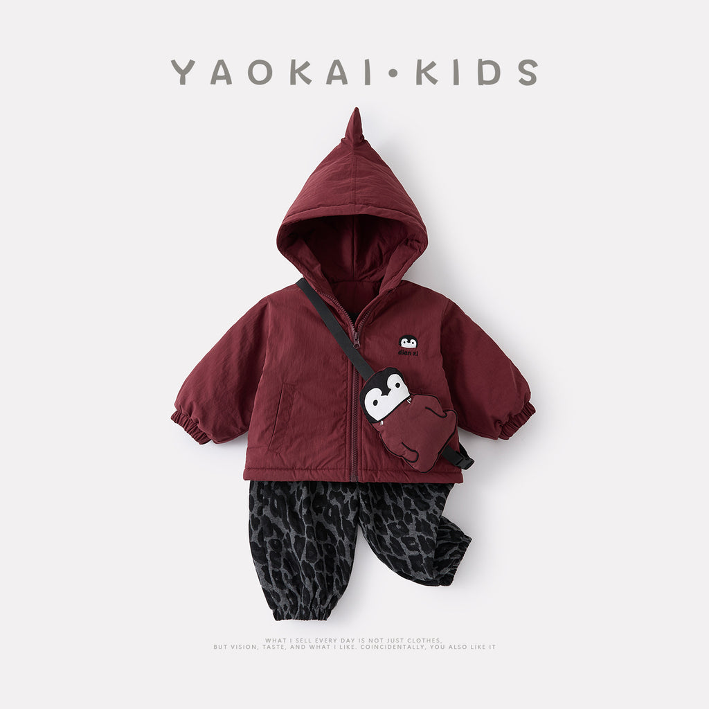 Cute Penguin Cotton Outfit Set for Baby Girls, Winter Warm Hooded Jacket