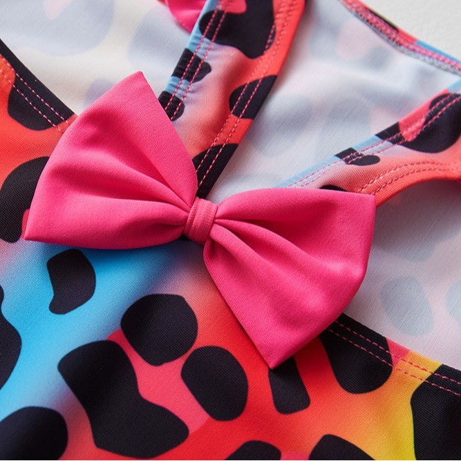 3-10 Years Kids Swimsuit Colorful Leopard Print Bow Girls One-Piece Swimwear Children's Swimsuit