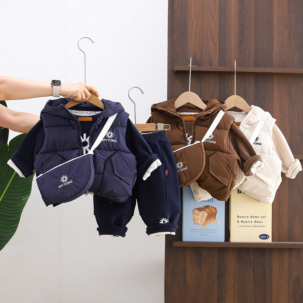 Thickened winter clothing baby warm hooded vest three piece set