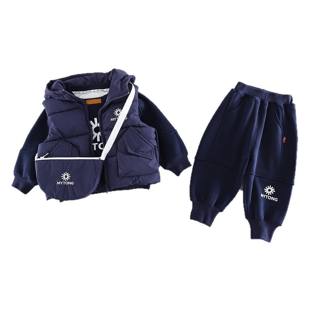 Thickened winter clothing baby warm hooded vest three piece set