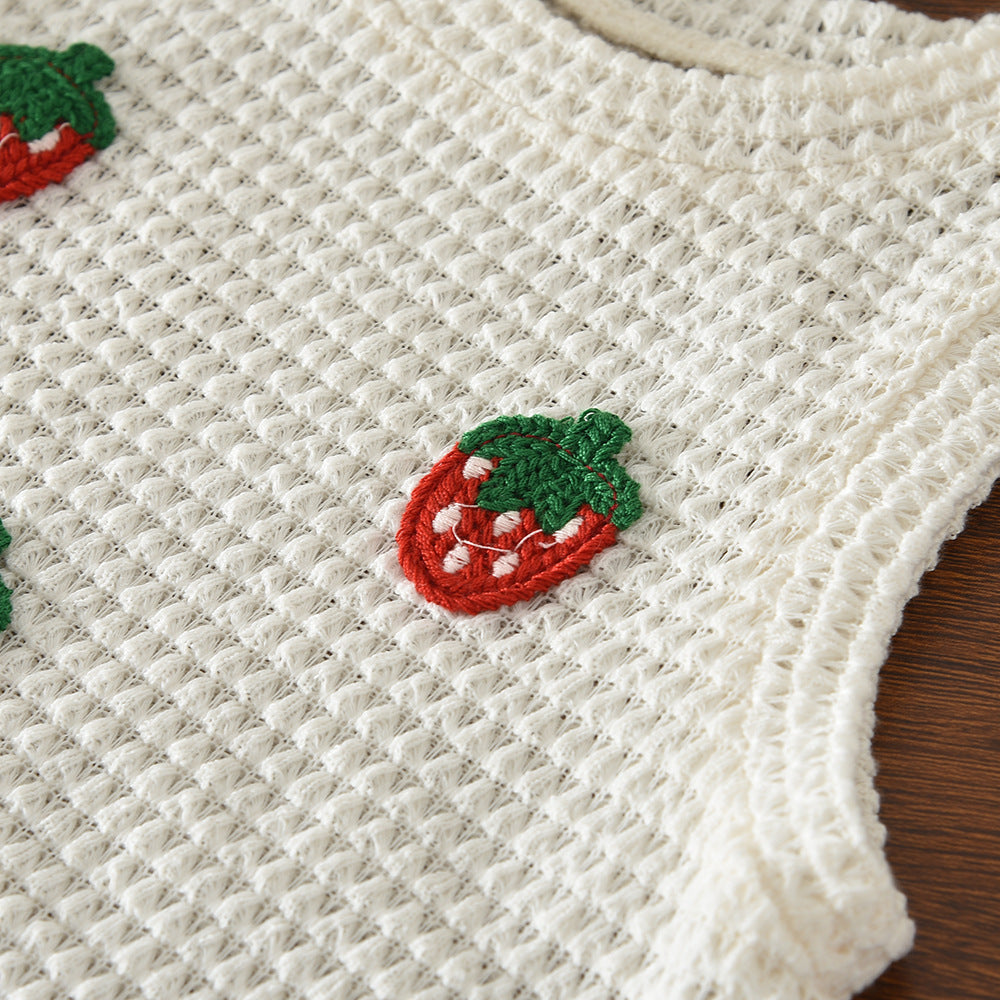 Cute Girls Summer Outfit Set Strawberry Knit Top Faux Denim Pants Two-Piece Set Children's Clothing