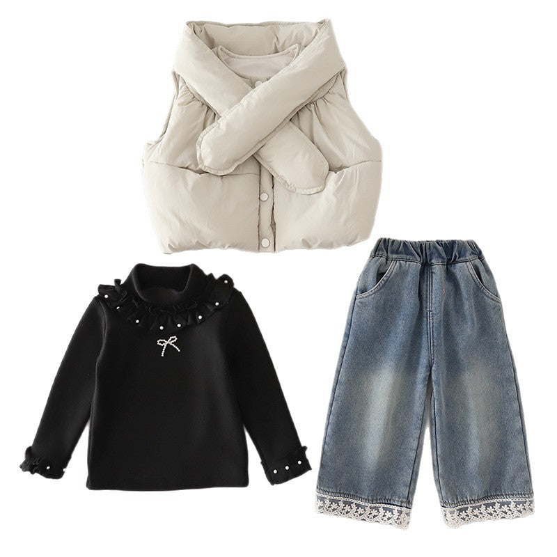 Girls Winter 3-Piece Set Thickened Fleece Hoodie Vest Scarf Stylish Warm Outfit