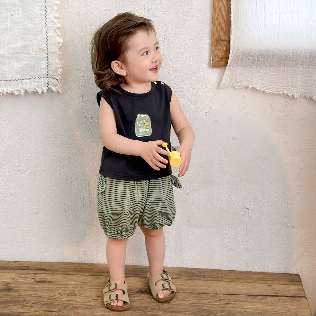 Cute Cartoon Printed Sleeveless Vest Set for Baby Boys Summer Outfit 1-3 Years Old Fashionable Clothing