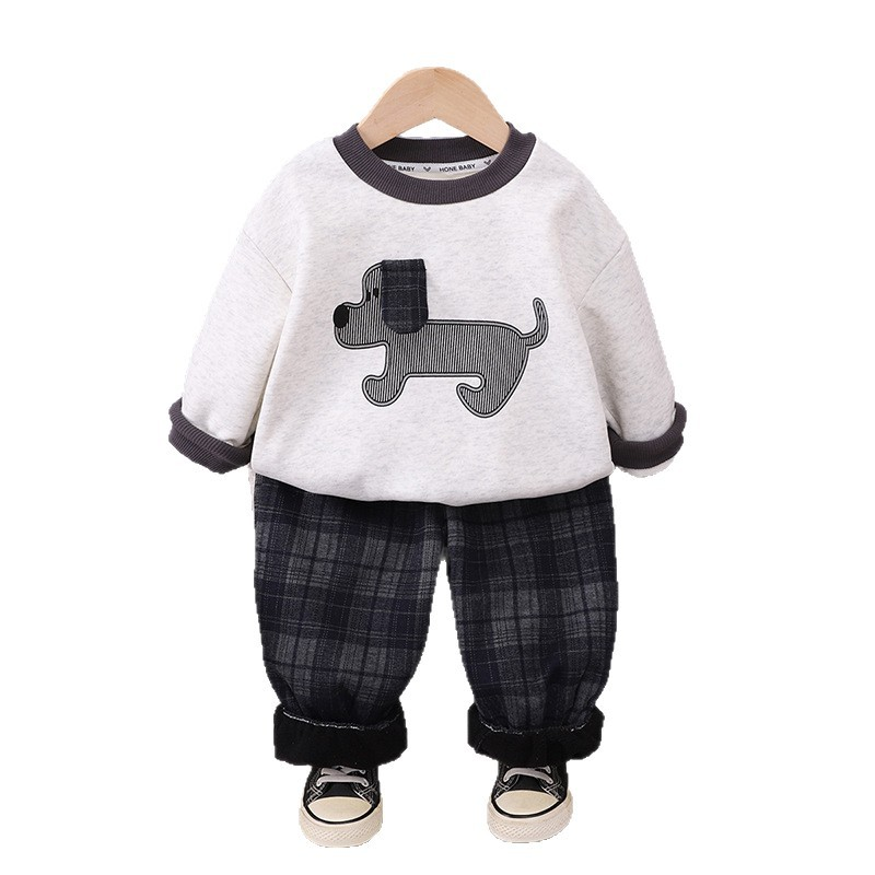 Stylish Boys Autumn Winter Fleece-Lined Dog Print Hoodie Set