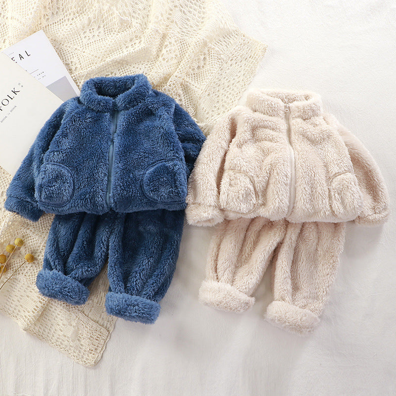 Children's Set Autumn Winter Warm Fleece Clothing for Boys and Girls, Solid Color Fashionable Home Wear with Zipper, Two-Piece Set