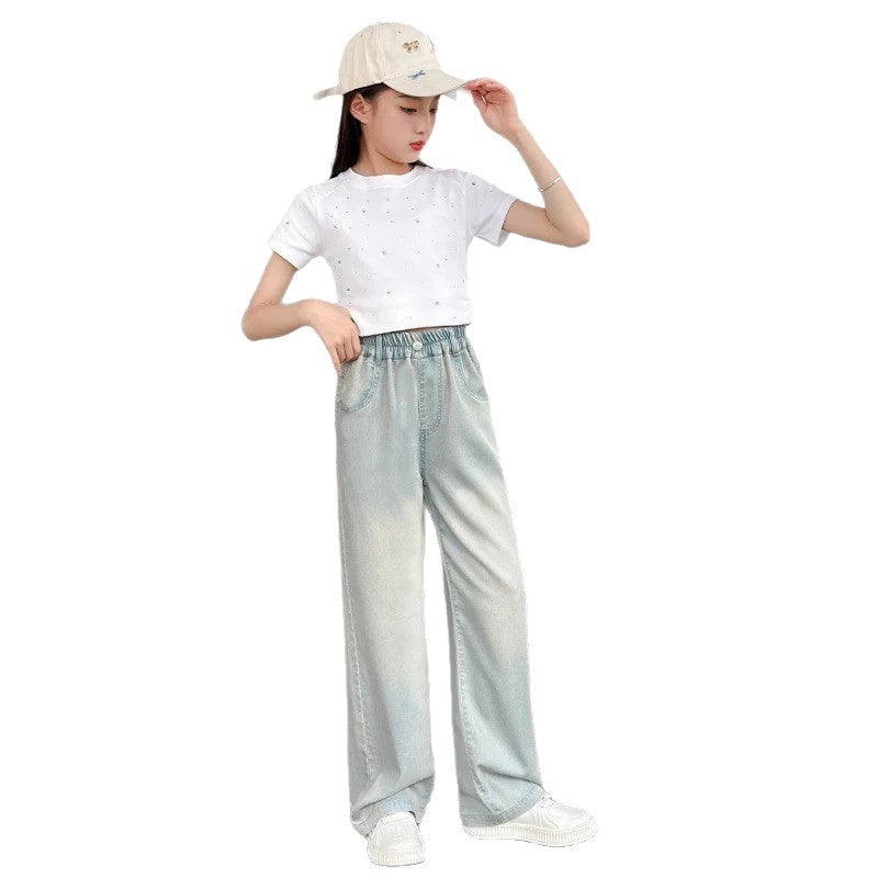 Girls' Tencel Jeans Pants, Lightweight Straight Leg Long Pants for Kids and Teens
