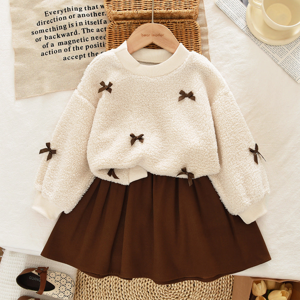 Child Girls Autumn Winter Set Dress with Bow, Beige Teddy Fleece Long Sleeve Top and Khaki Short Skirt Simple Two-Piece Set