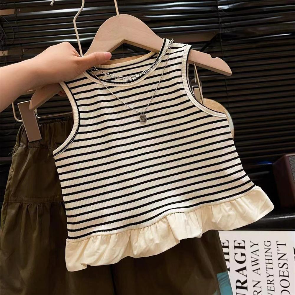 Casual Stripe Ruffle Sleeveless Top ampCargo Pants Set for Girls Summer Outfit Two-Piece Clothing