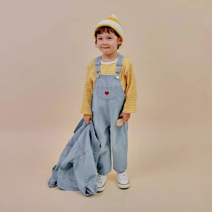 Casual Denim Overalls with Heart Pocket for Kids, Long Pants, Unisex Children's Jeans Trousers