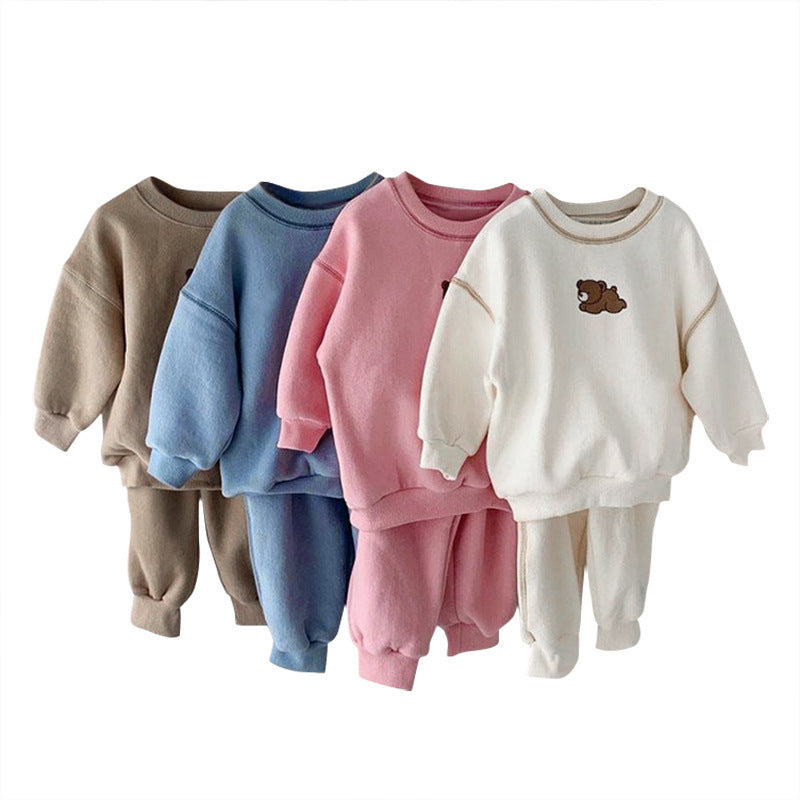 Children's Clothing Set for Boys and Girls, Embroidered Bear Casual Hoodie Set, Baby Sport Two-Piece Outfit