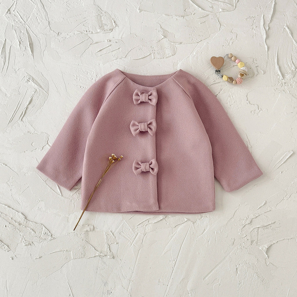 Girls' pink woolen coat with bow decoration and snap button children's clothing