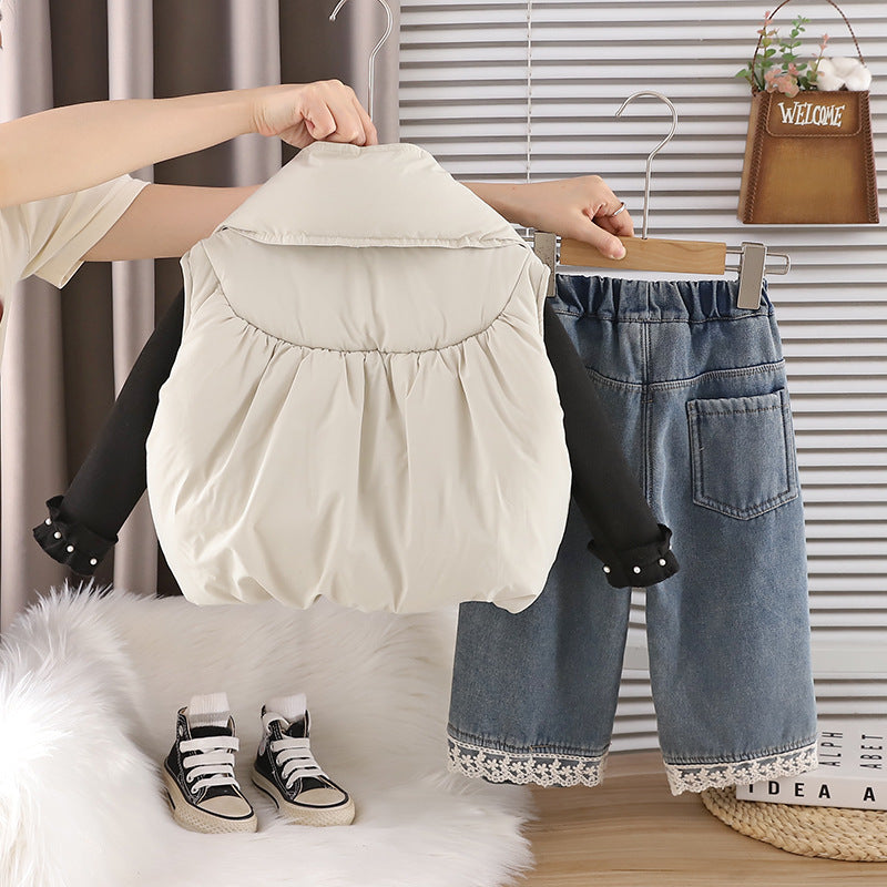 Girls Winter 3-Piece Set Thickened Fleece Hoodie Vest Scarf Stylish Warm Outfit