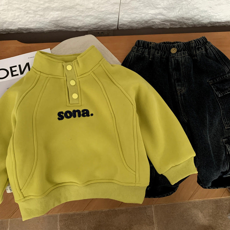 Boys' Plush-Lined Standing-Collar Hoodie