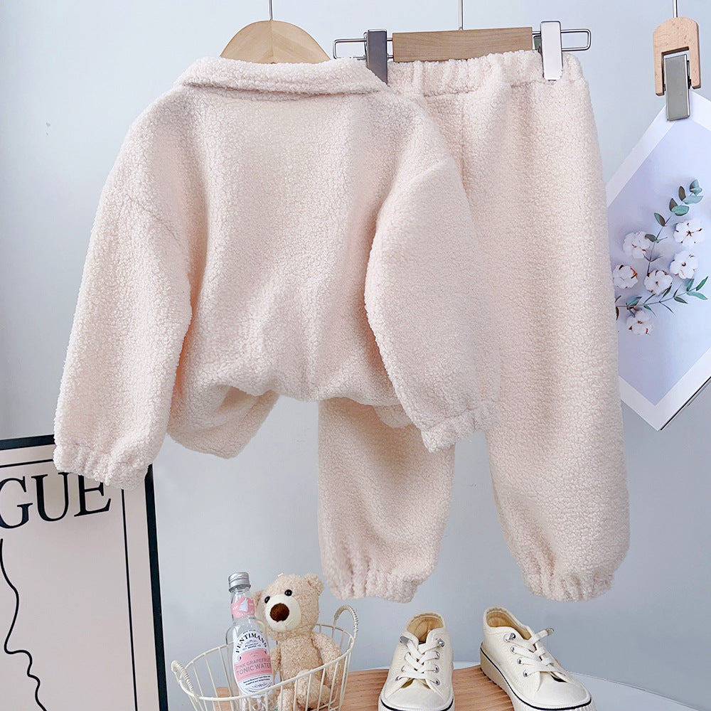 Fall Winter  Girls' Simple Letter Fleece High Neck Coat and Long Pants Two-Piece Set