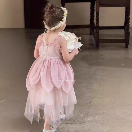 Girls'  Sleeveless Dress, Fashionable Pink Overall Dress for Kids, Spring Casual Outfit, Child's Spring Clothing