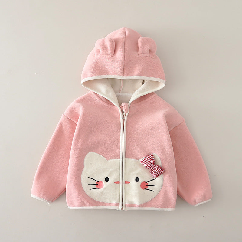 Girls Cat Print Fleece Lined Jacket Autumn Winter Warm Double Sided Fleece Top