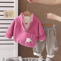 Girls Autumn Winter Fleece Lined Star Cat Print Three-Piece Set Outfits with Bag