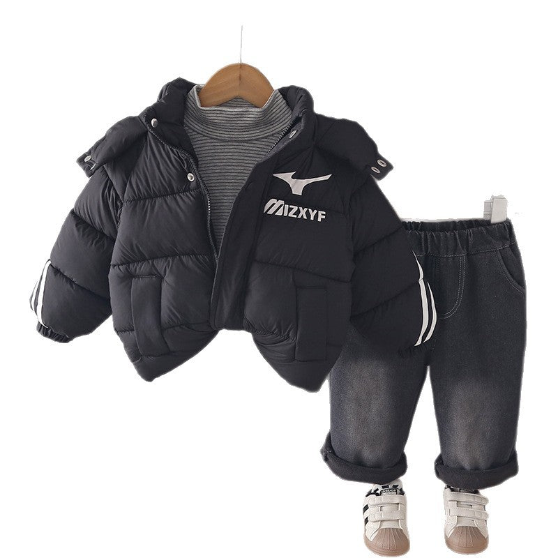 Boys Winter Hooded Thickened Cotton Padded Jacket 3-Piece Set