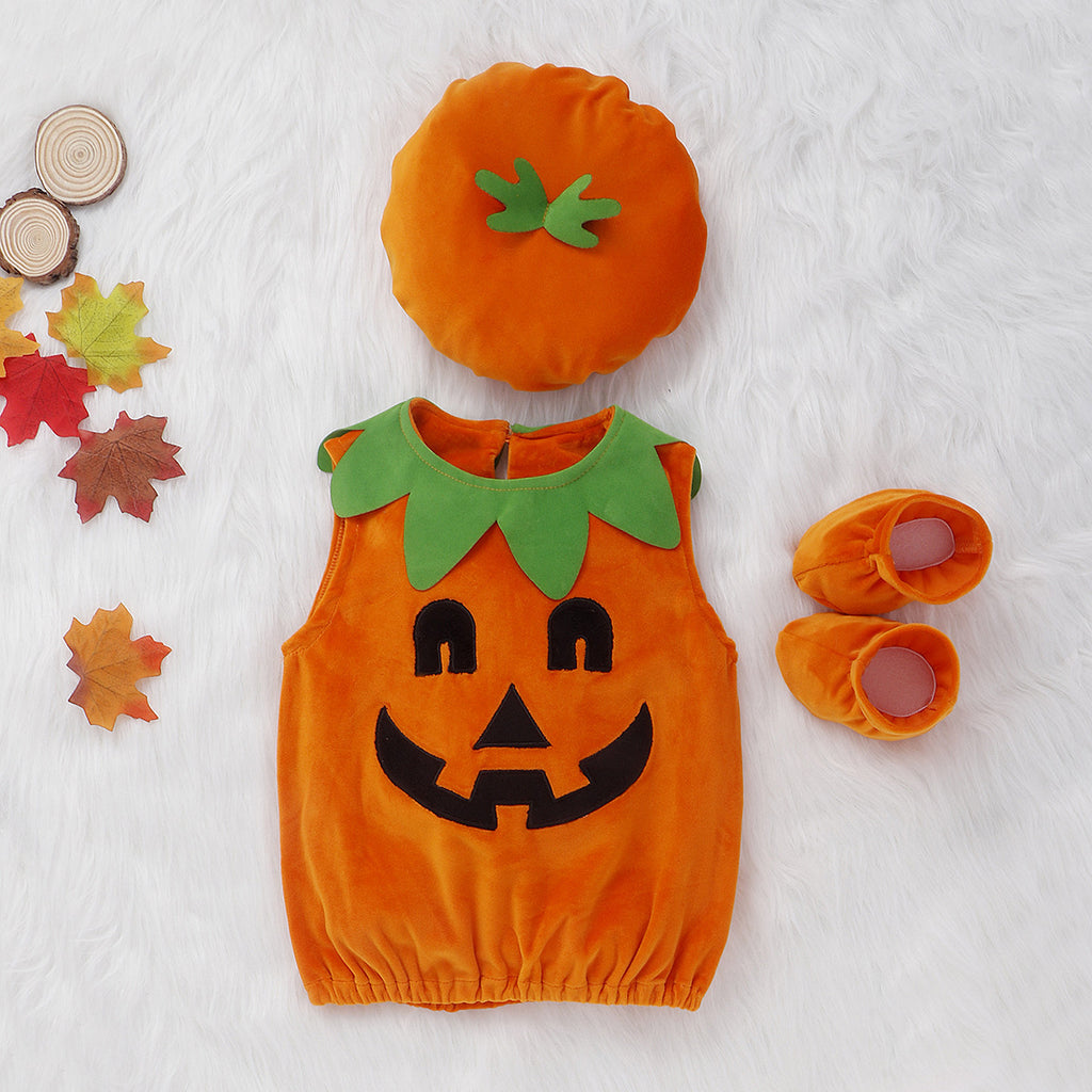Cute Halloween Kids' Pumpkin Triangular Romper Set with Round Neck and Sleeveless DesignThree-Piece Outfit