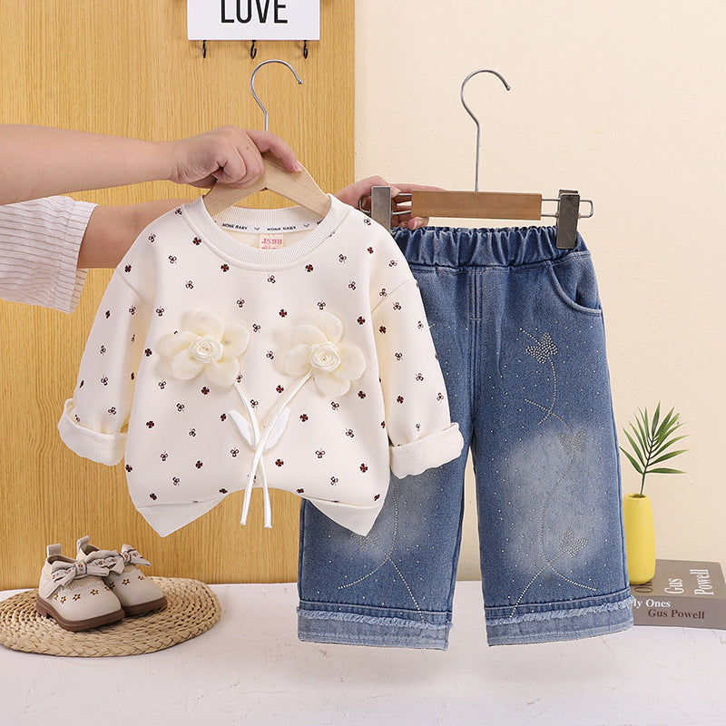 Two piece set of children's winter clothes with fleece hoodie for baby girls