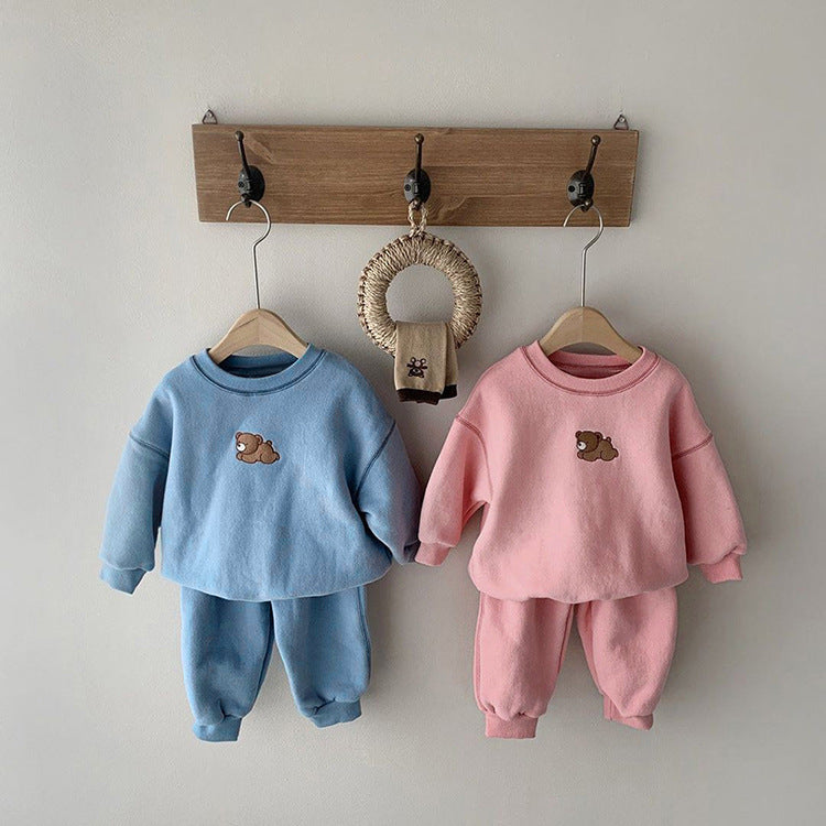 Children's Clothing Set for Boys and Girls, Embroidered Bear Casual Hoodie Set, Baby Sport Two-Piece Outfit