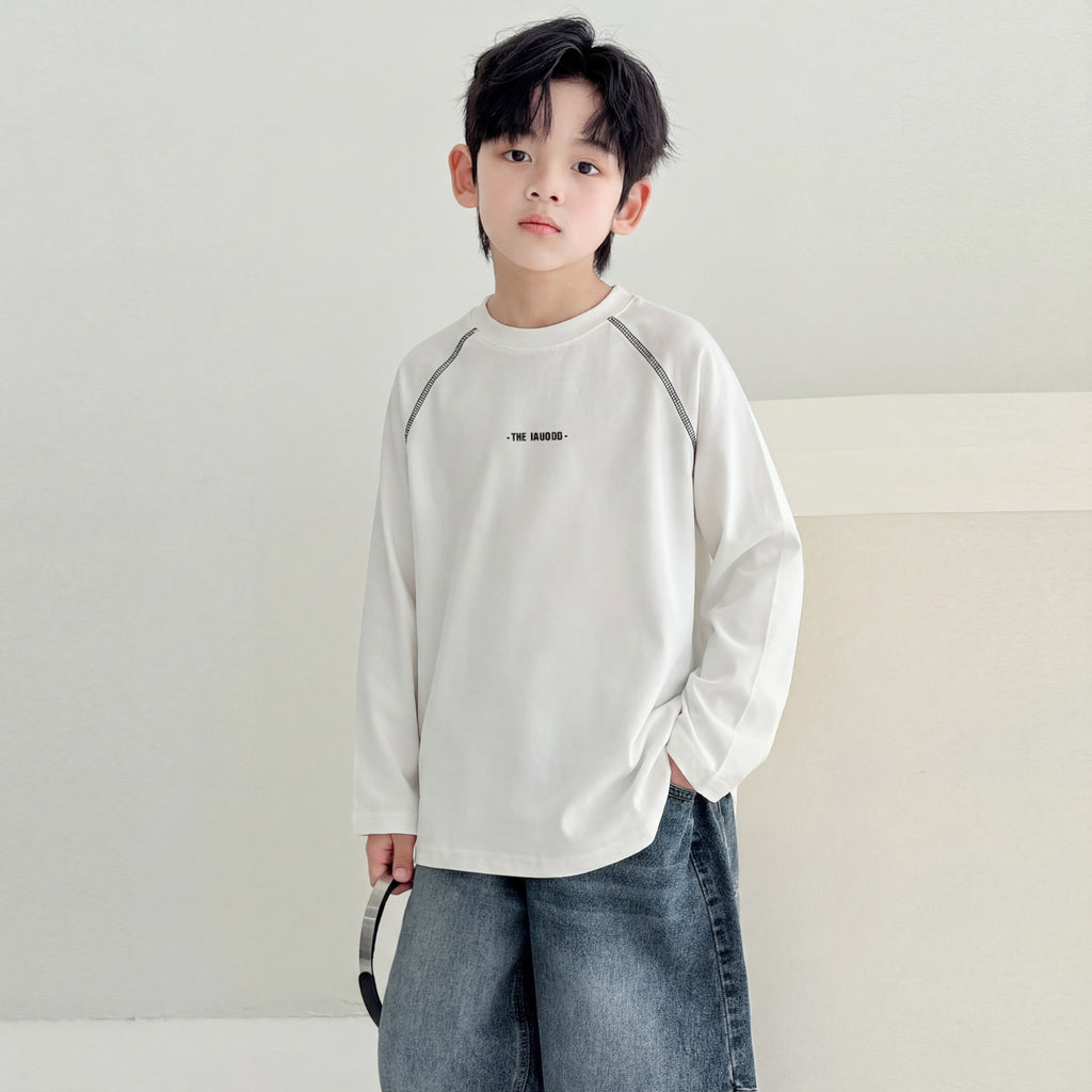 Boys' White Long Sleeve Round Neck Casual Loose Fit Autumn Winter T-Shirt
