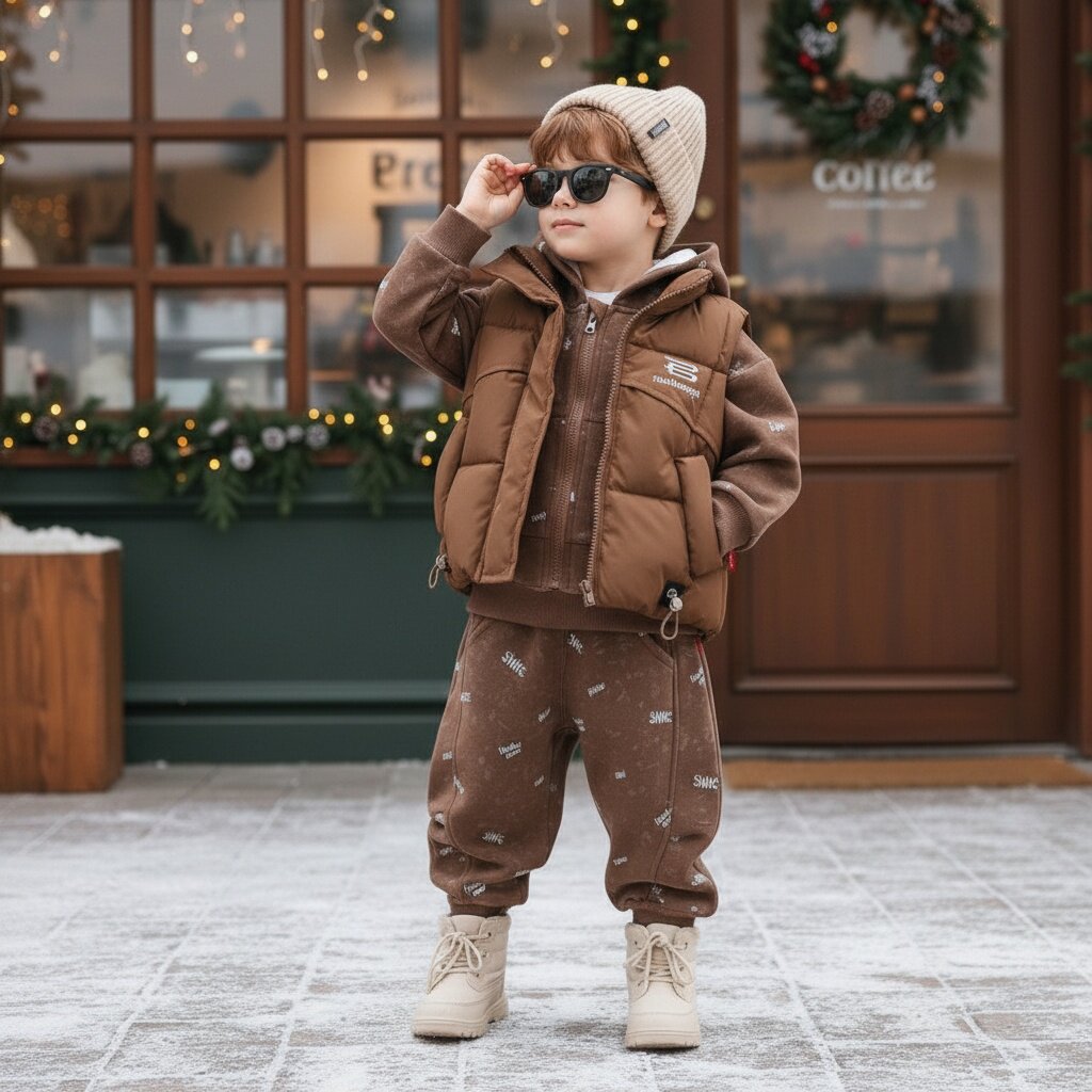 Thickened letter vest children's winter clothing three piece set