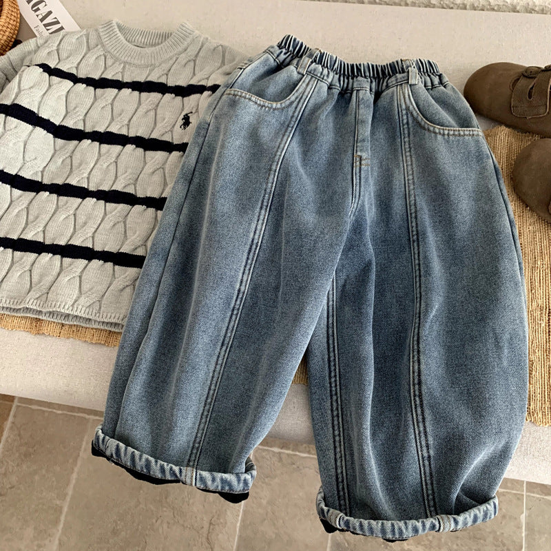 Boys' one-piece fleece denim winter clothing children's plus fleece pants