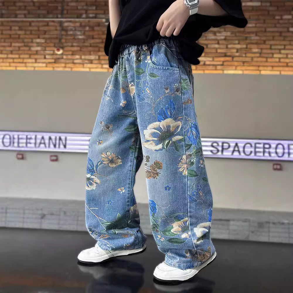 Girls' Floral Wide-Leg Jeans