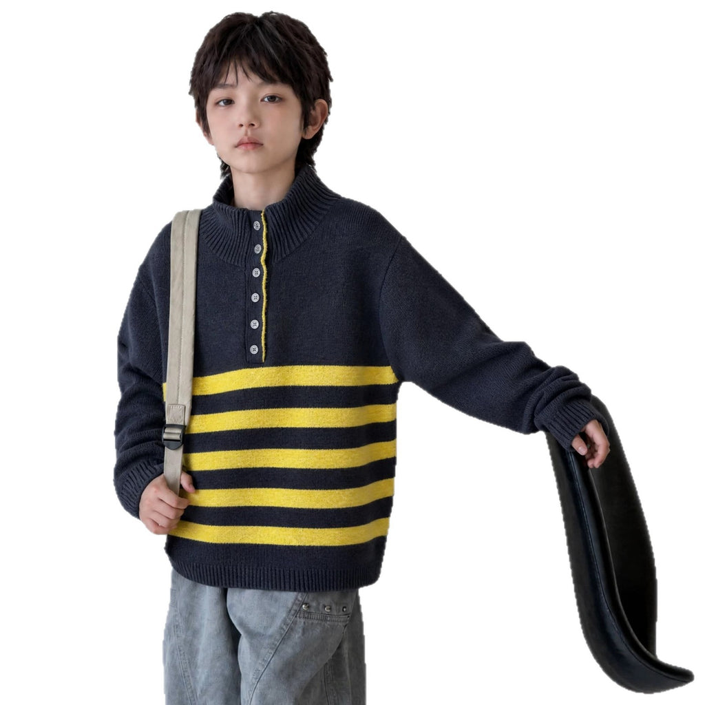 Boys' Autumn Winter Striped Half-Open Collar Knit Sweater