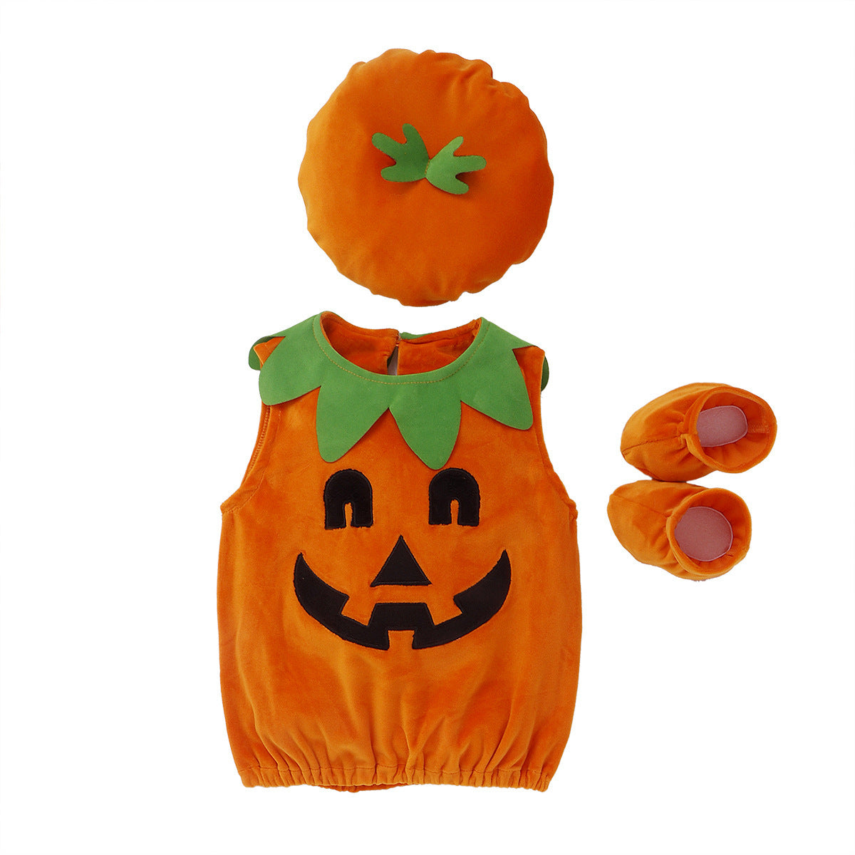 Cute Halloween Kids' Pumpkin Triangular Romper Set with Round Neck and Sleeveless DesignThree-Piece Outfit
