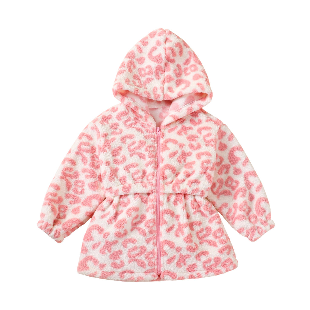 Winter Fashion Leopard Print Double-Sided Fleece Hooded Waist-Cinched Casual Coat for Girls