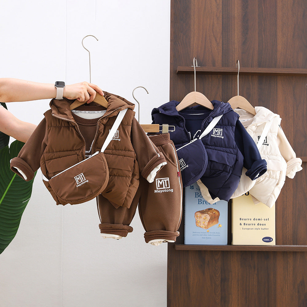 Winter clothing thickened warm vest children's hoodie three piece set