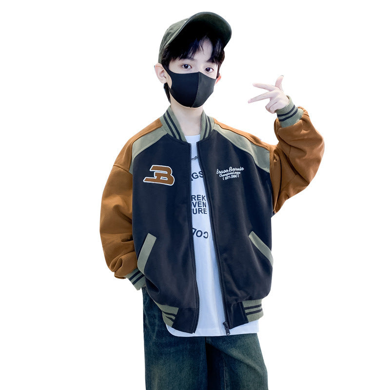 Boys Baseball Jacket Cotton Padded Warm Autumn Winter Outerwear Youth Long Sleeve Zip Front Coat