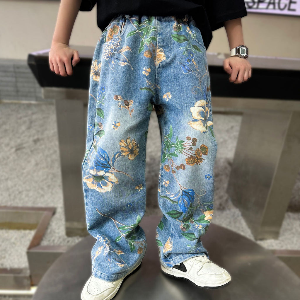 Girls' Floral Wide-Leg Jeans