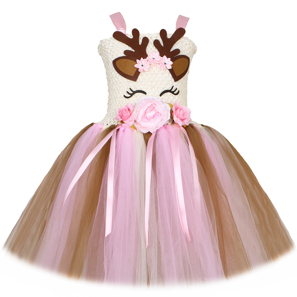 Halloween Christmas Deer Flower Dress Kids Costume Clothing Cartoon Deer Tutu Skirt Girl Tulle Princess Dress