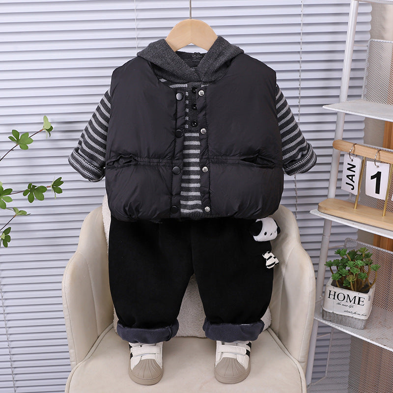 Boys Winter Fleece Lined Striped Sweater Vest 3 Piece Set