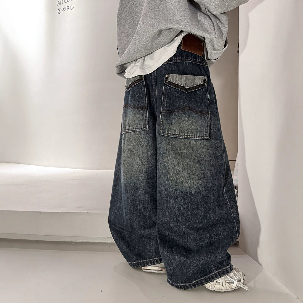 Boys' Loose Fit Straight Leg Denim Jeans with Patchwork Pockets