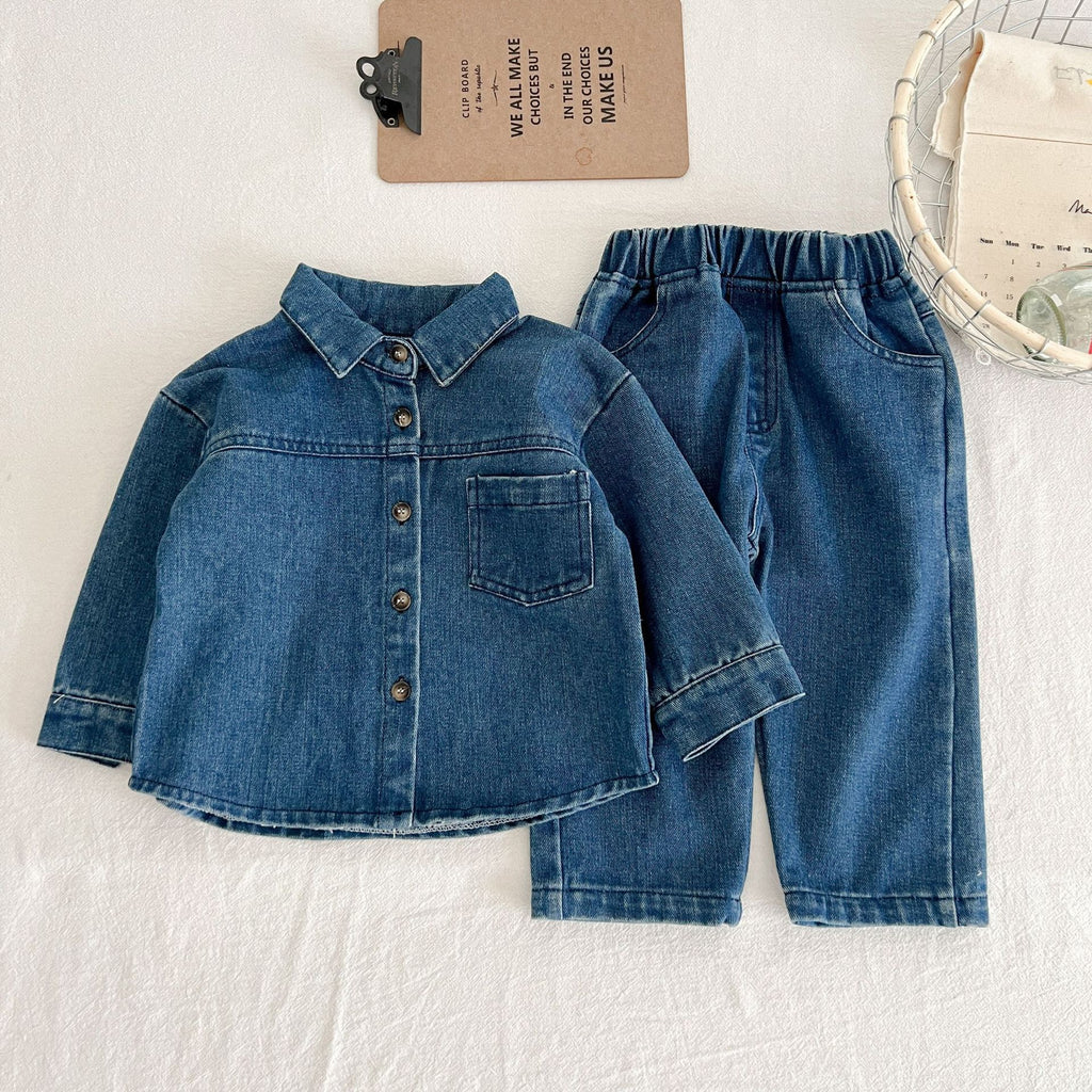 Autumn and winter set boys' and girls' solid color denim two-piece set