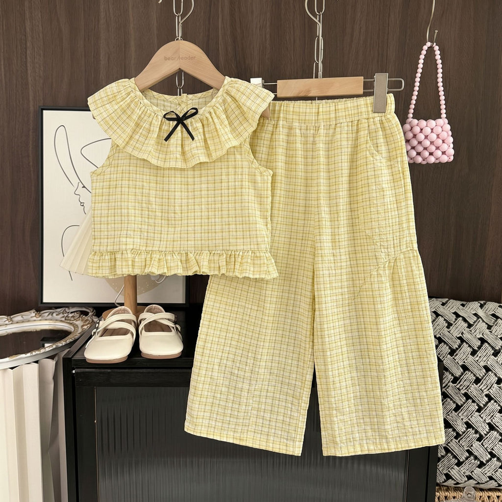 Girls' Summer Outfit with Ruffle Details, Sleeveless Top and Long Pants Two-Piece Set, Fashionable Casual Children's Clothing