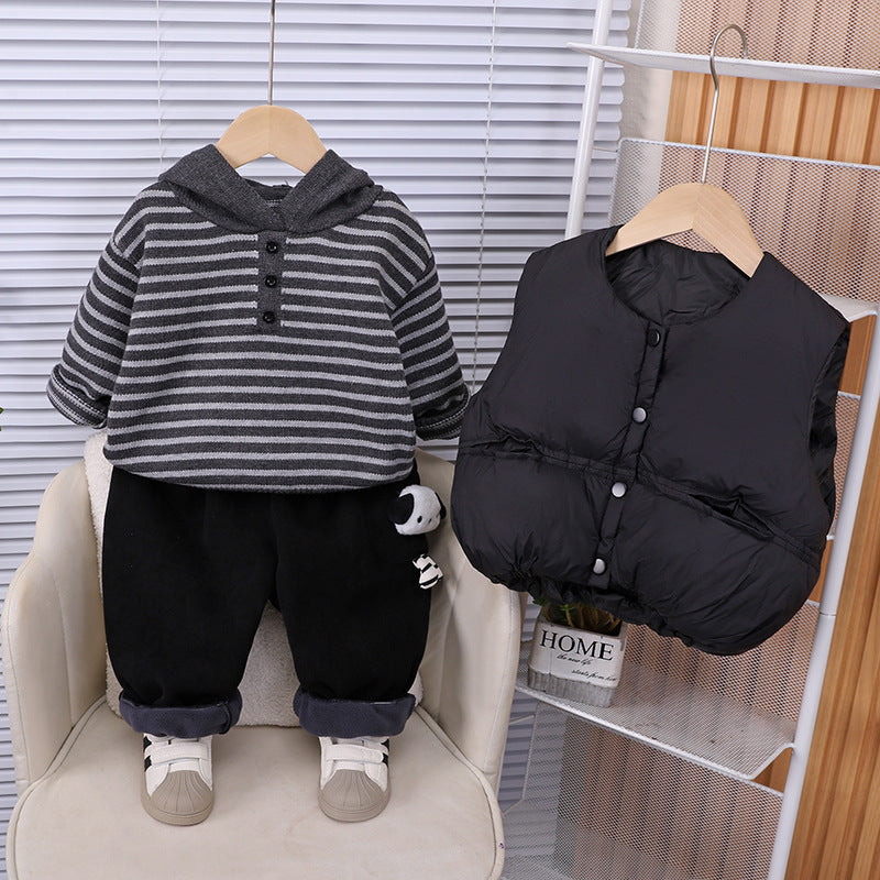 Boys Winter Fleece Lined Striped Sweater Vest 3 Piece Set