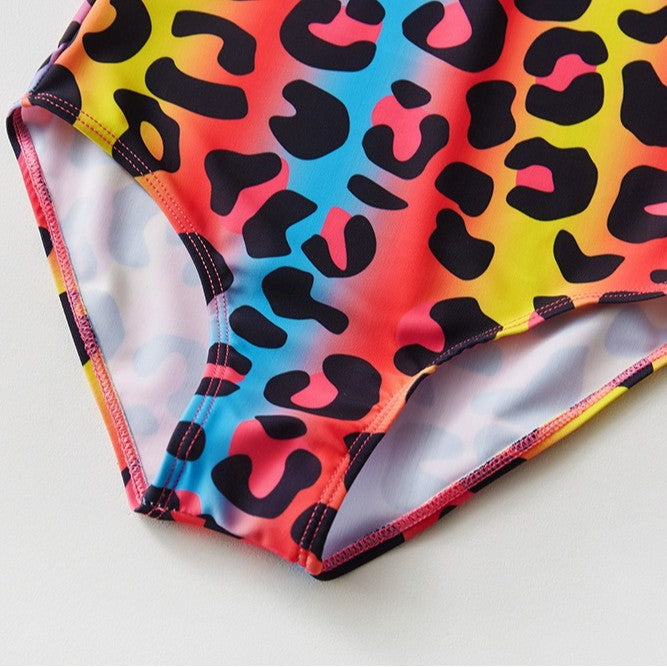 3-10 Years Kids Swimsuit Colorful Leopard Print Bow Girls One-Piece Swimwear Children's Swimsuit